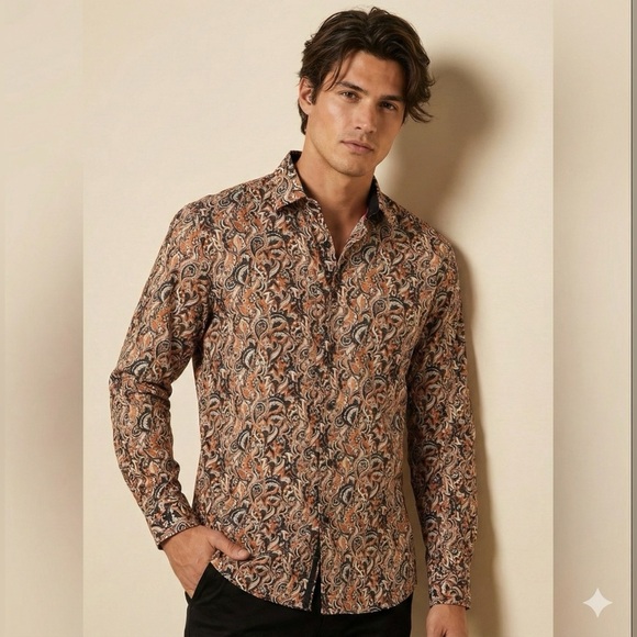 Silver Stone Men’s Paisley Shirt 3XL (Fits like XL) Brown Orange Modern NWOT - Picture 3 of 14